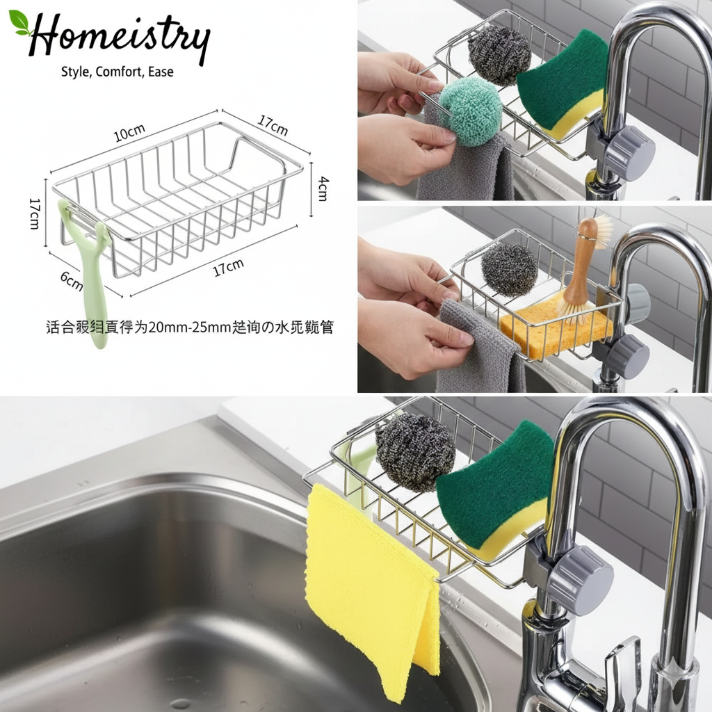 Kitchen sink rack with sponges and scrubbers, showing measurements and usage examples.