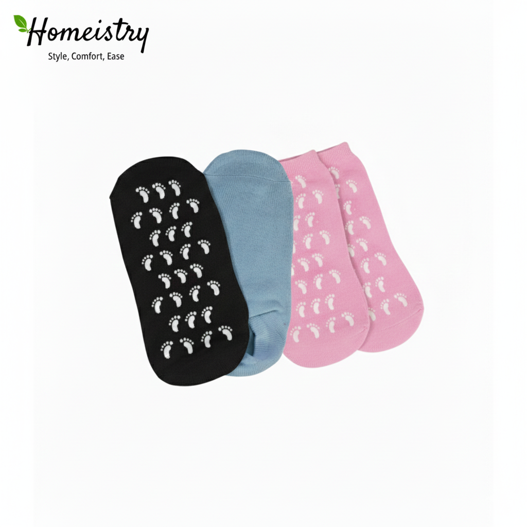 Three pairs of Homeistry gel socks in black, blue, and pink arranged together.