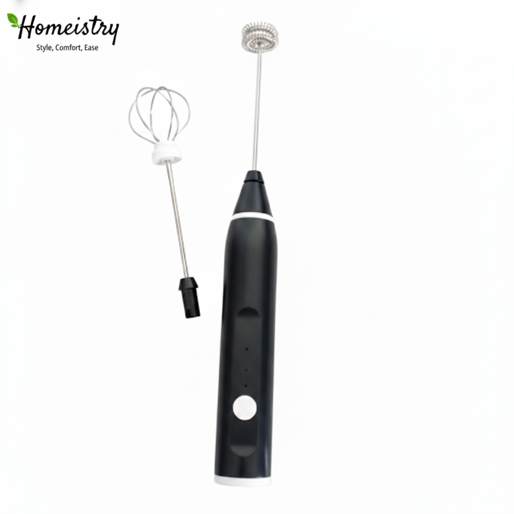 Assembled Homeistry handheld frother with spring coil head attached, next to a detached balloon whisk head.