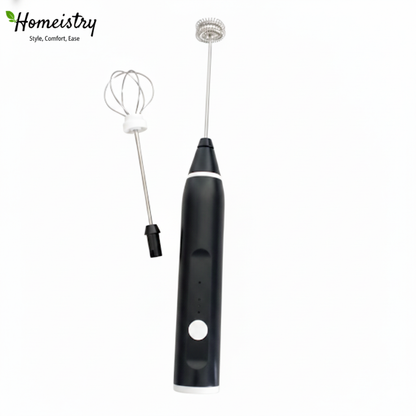 Assembled Homeistry handheld frother with spring coil head attached, next to a detached balloon whisk head.