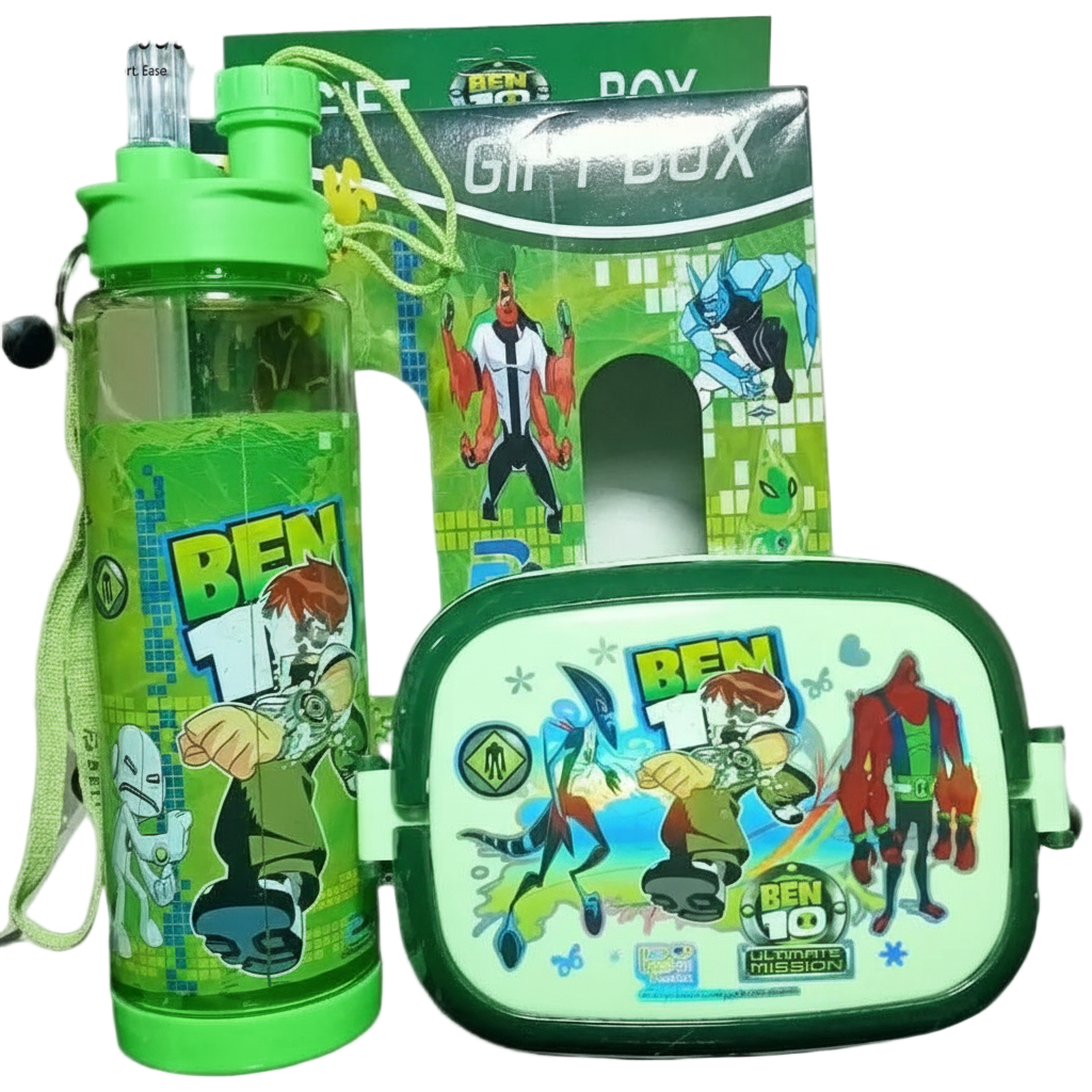 Ben 10-themed water bottle and lunch box set with packaging on a white background