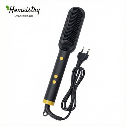 Black and gold hair straightening brush with cord on a white background, featuring the Homeistry brand.