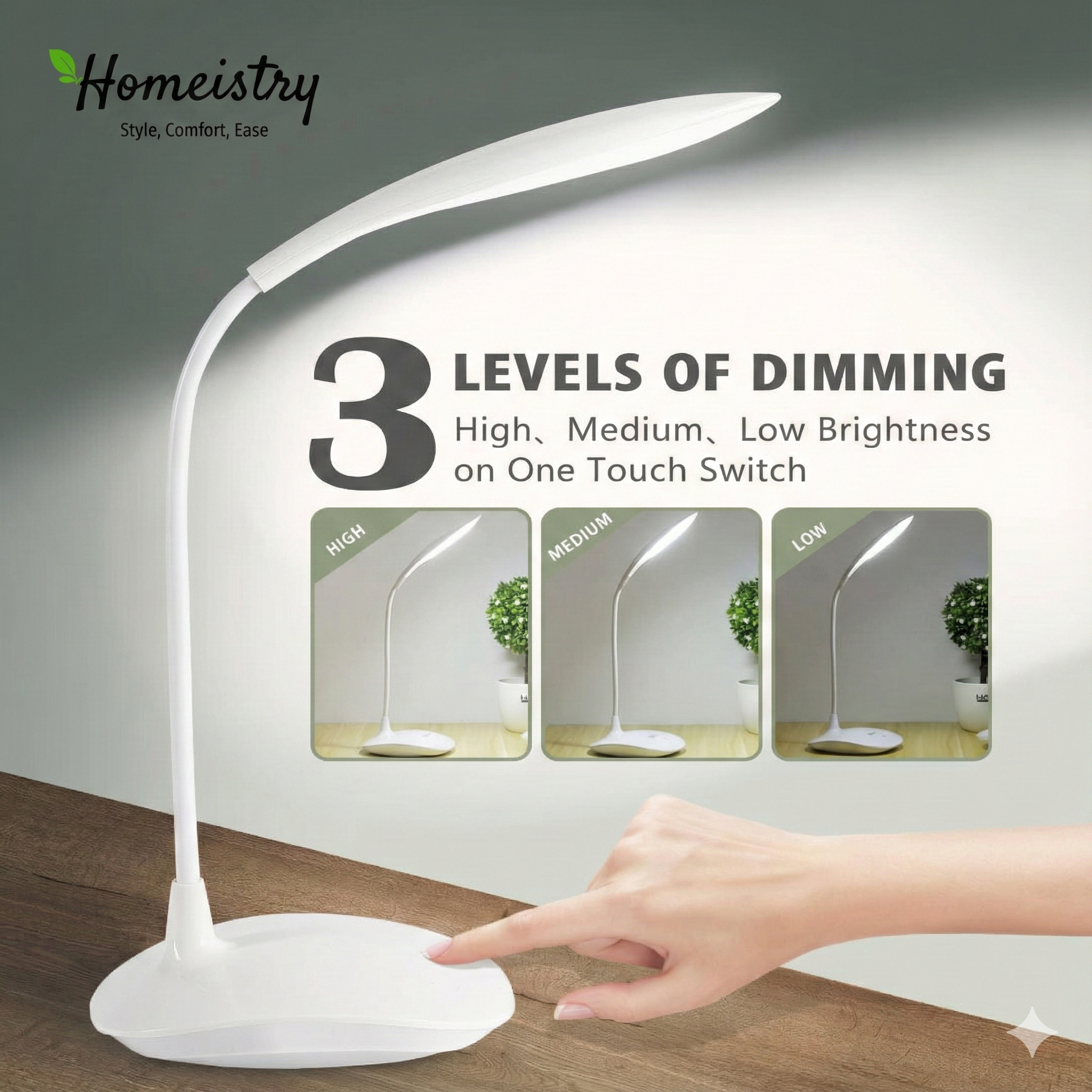 White LED desk lamp with three levels of dimming on a wooden surface, featuring Homeistry branding.