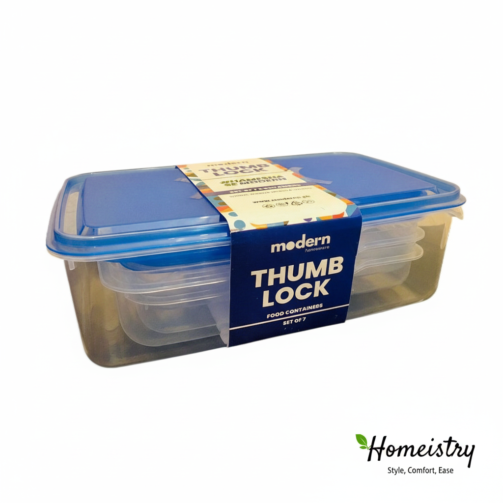 Clear food container with blue lid and label on a white background, featuring 'Modern Thumb Lock' branding.