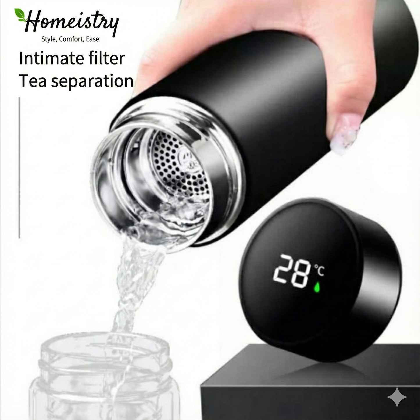 Black tea filter with digital temperature display being used to separate tea from water.