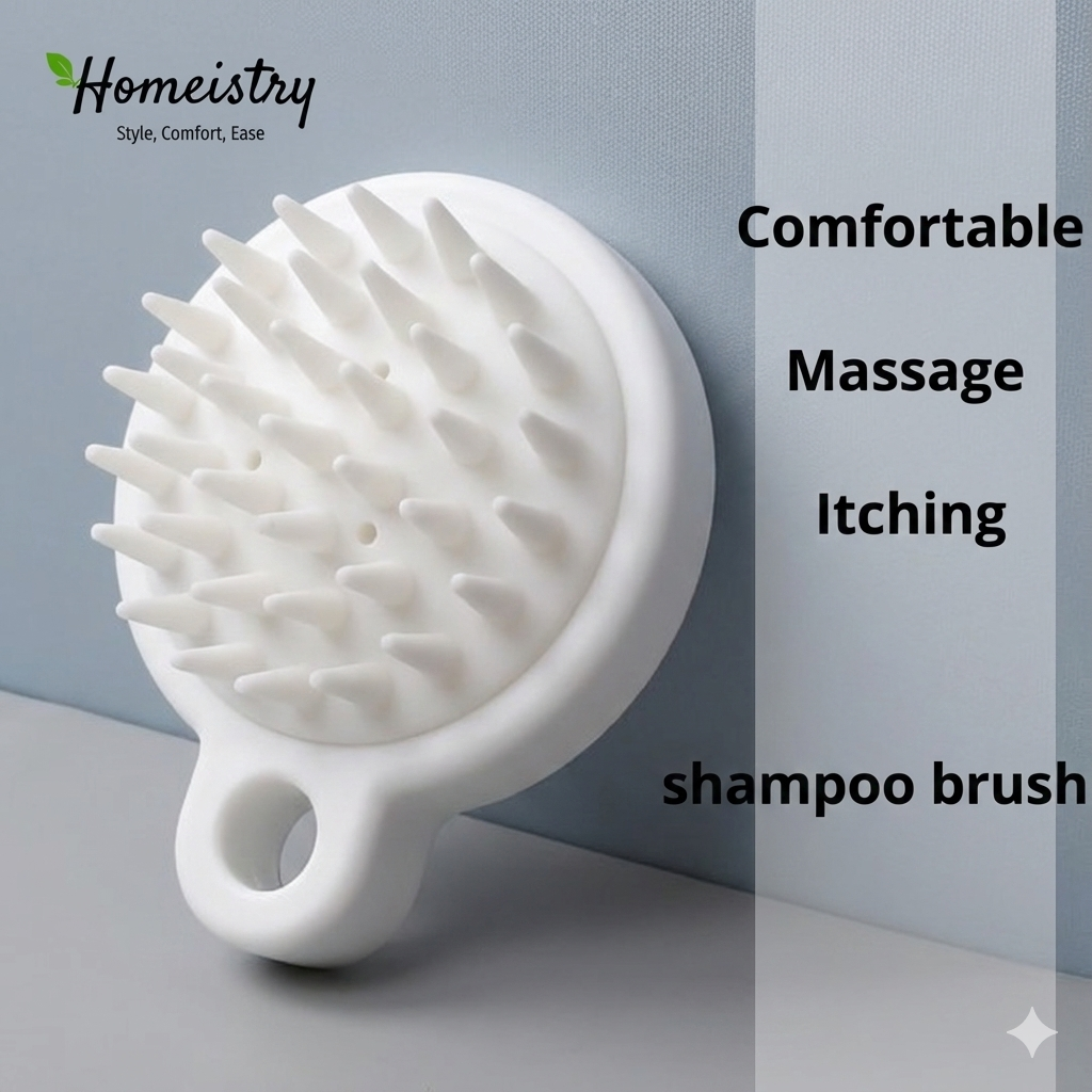 White shampoo brush with textured surface on a gray background, featuring the Homeistry brand.