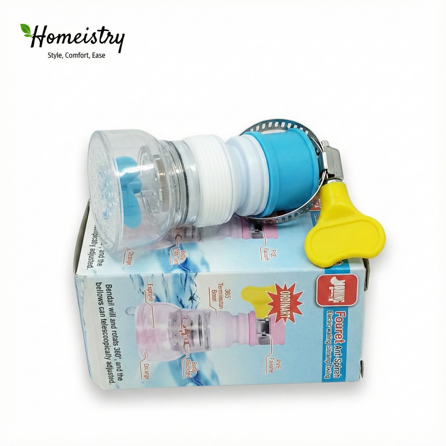 Bottle water filter with blue and yellow components on a white background, featuring the Homeistry brand.