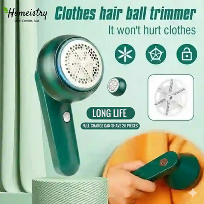 Clothes hair ball trimmer with a green handle on a light green background, featuring the brand 'Homeistry'.