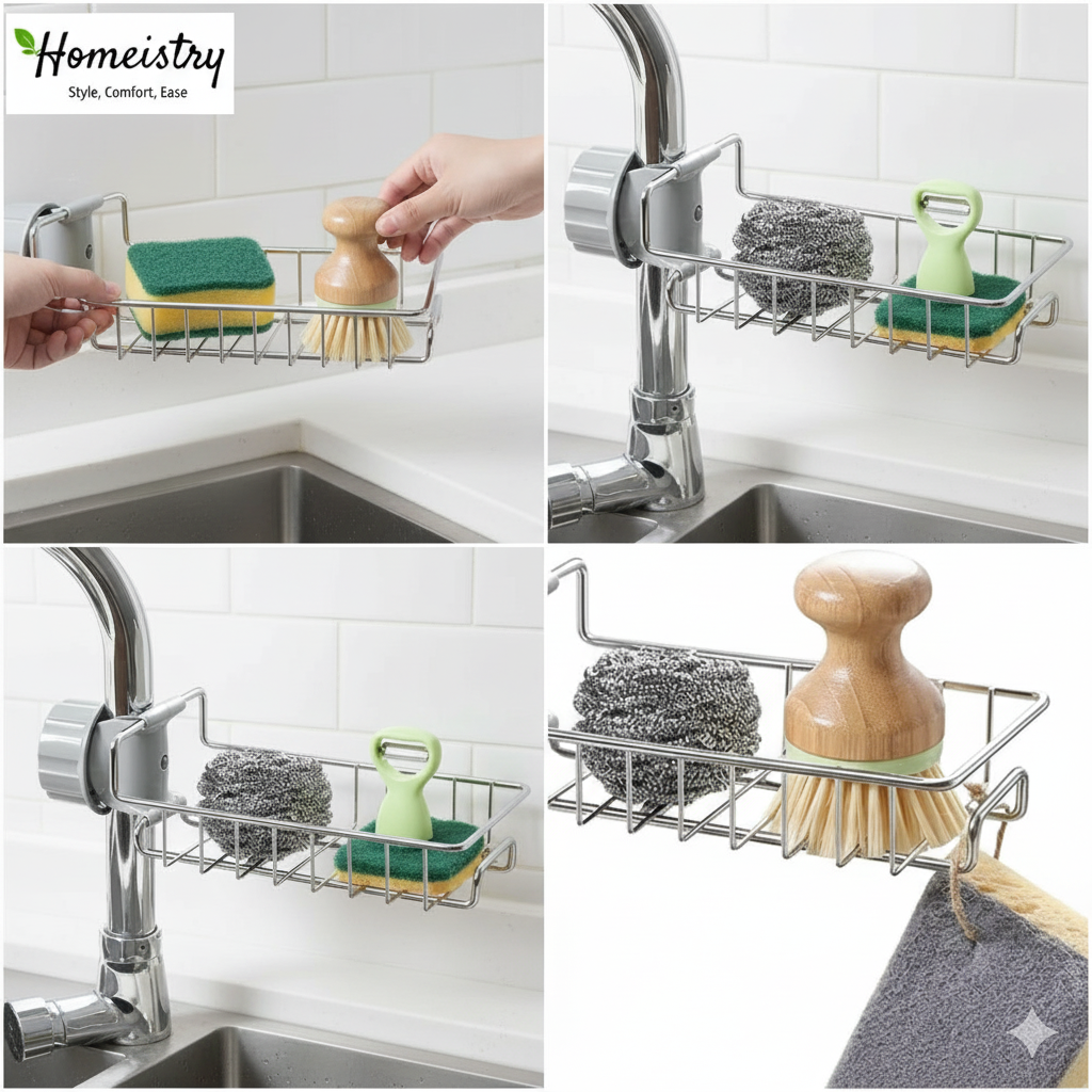 Collage of a kitchen sink caddy with various cleaning items on a white tiled wall background.