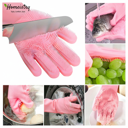 Collage of pink gloves being used for various tasks with Homeistry branding.