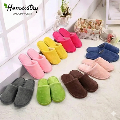 Colorful slippers arranged on a light surface with 'Homeistry' branding.