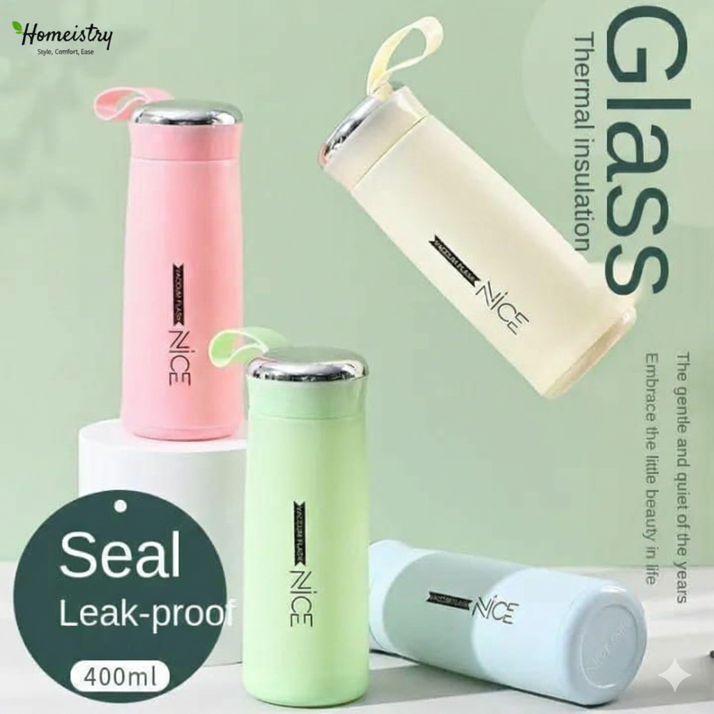 Set of four colorful thermos bottles with 'NICE' branding on a light green background.