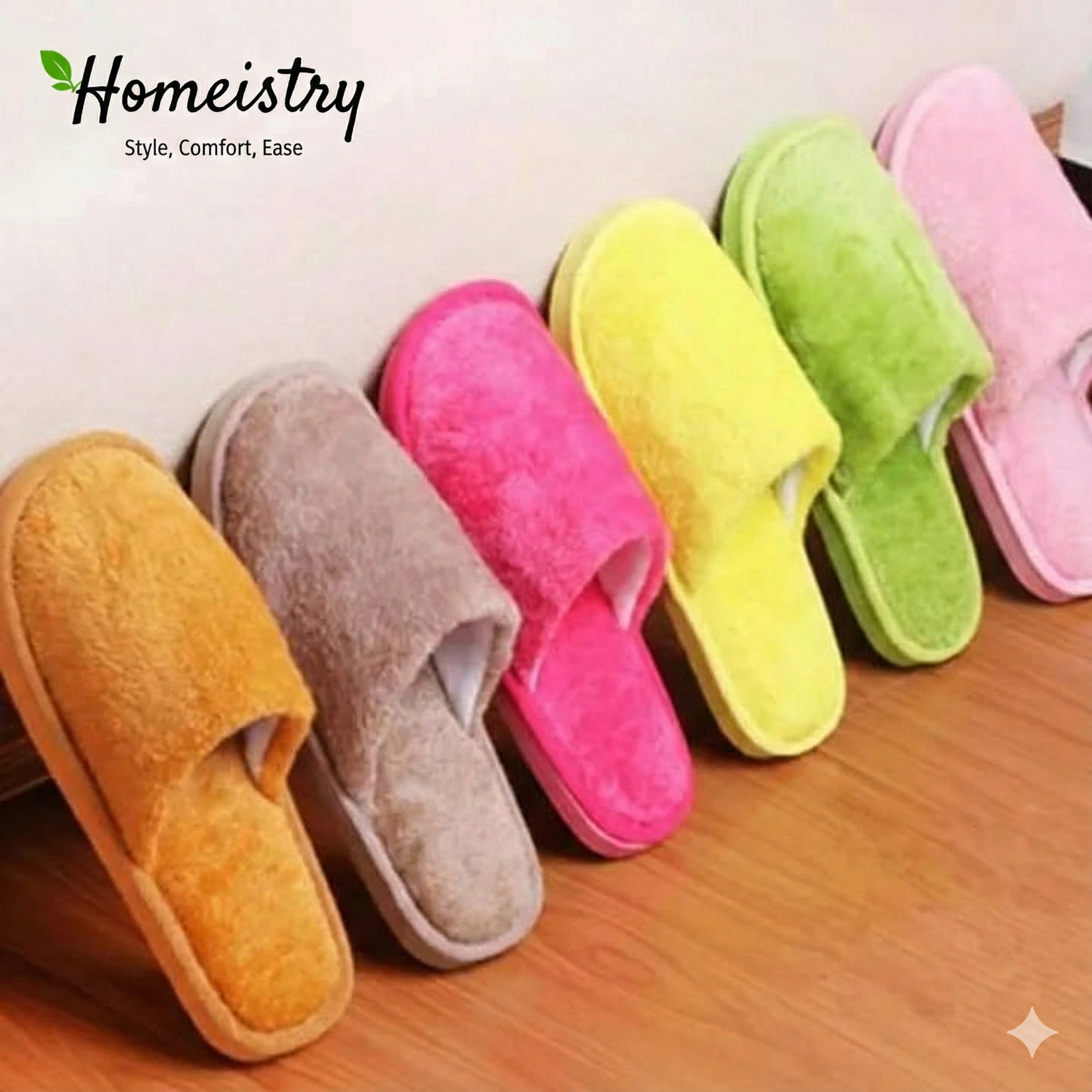 Colorful slippers on a wooden floor with 'Homeistry' branding.