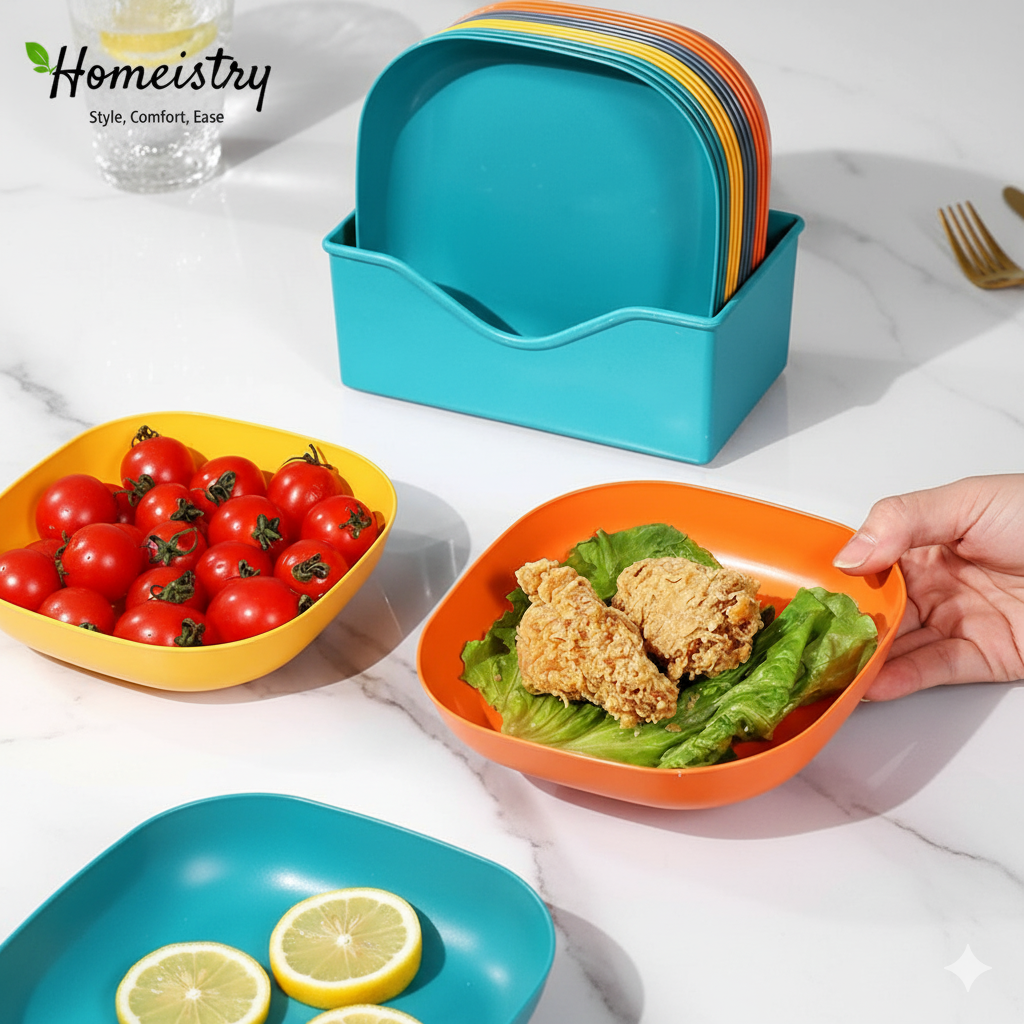 Colorful plates with food and a blue plate holder on a white surface, featuring the Homeistry brand.