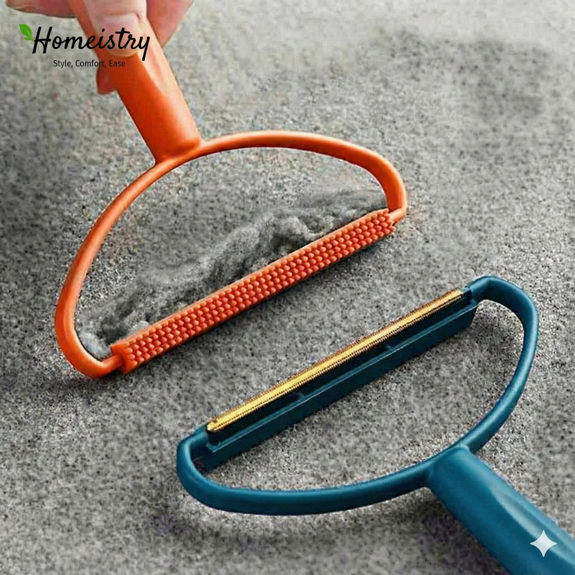Comparison of orange and blue Homeistry lint removers showing the copper blade side and textured grooming side.