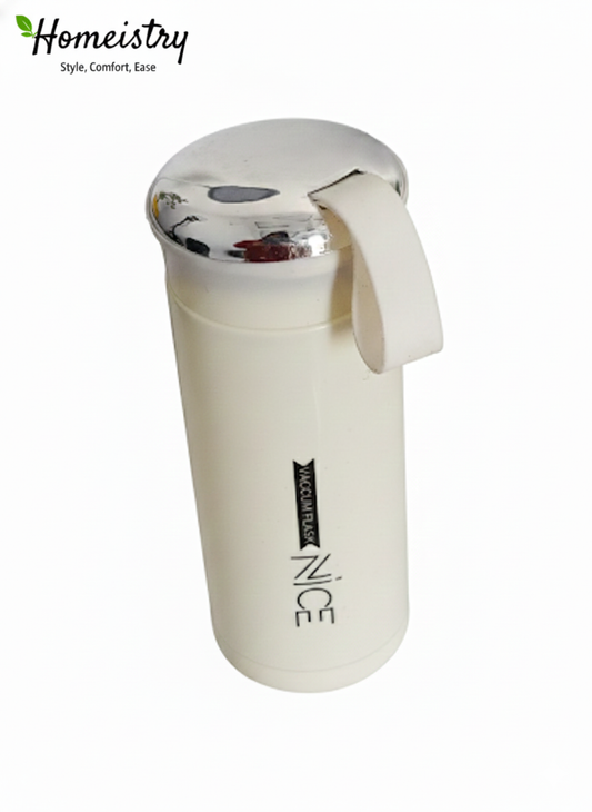 White thermos with silver lid on a white background, featuring the Homeistry brand.