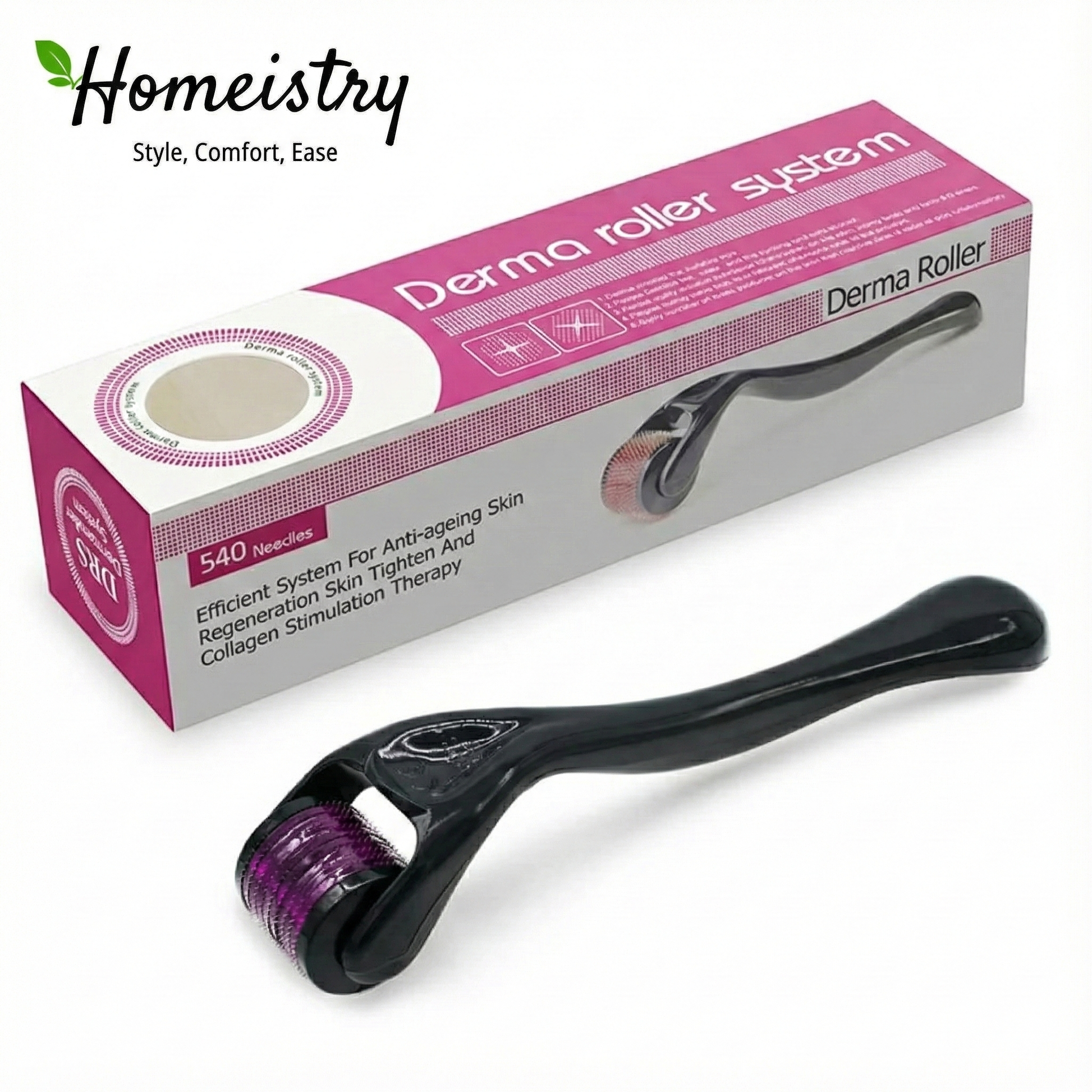 Derma roller system with packaging on a white background, featuring Homeistry branding.