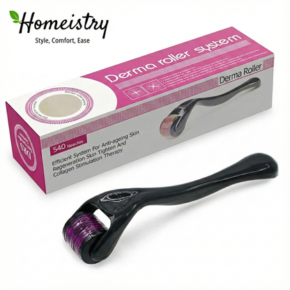 Derma roller system with packaging on a white background, featuring Homeistry branding.