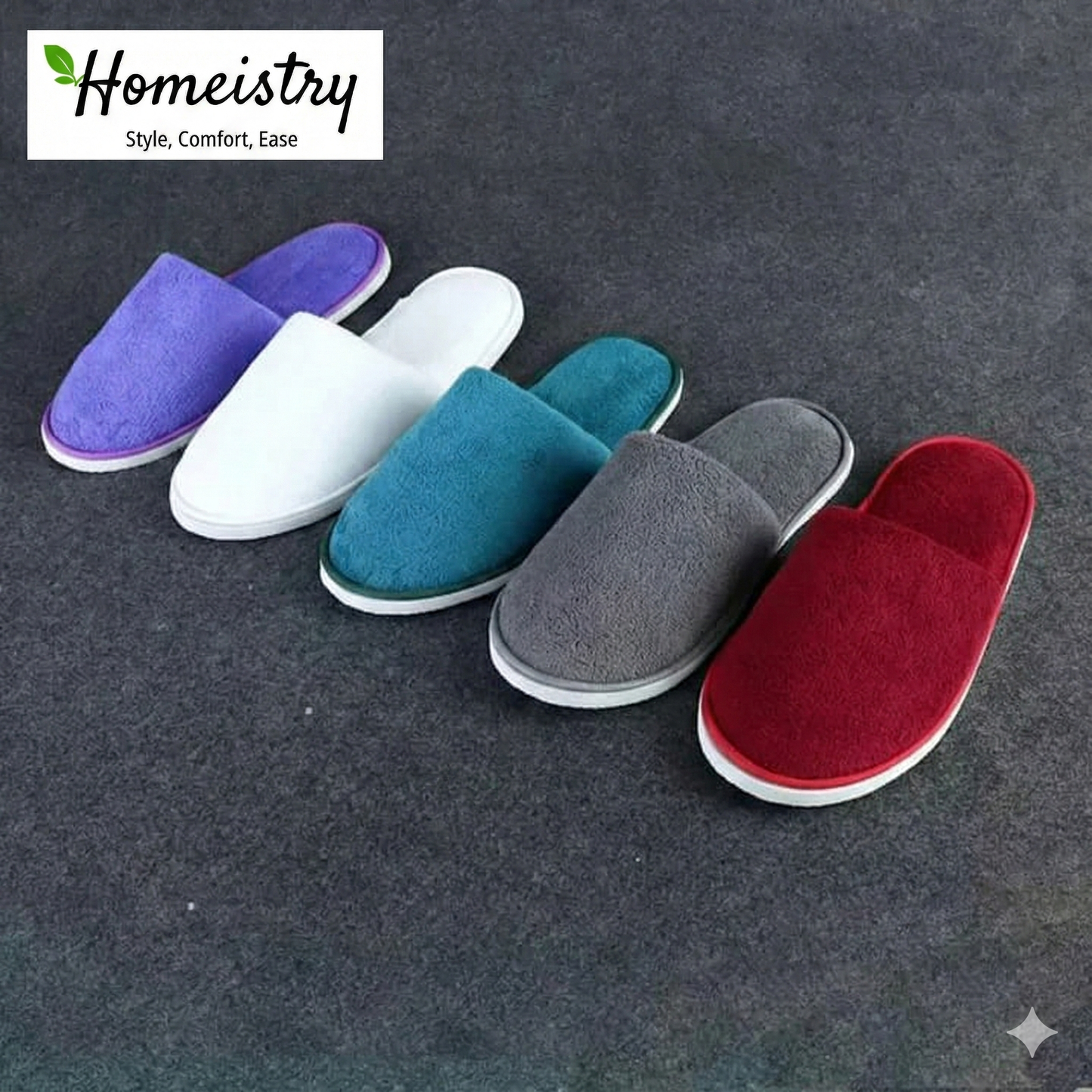 Set of colorful slippers on a dark background with 'Homeistry' branding.