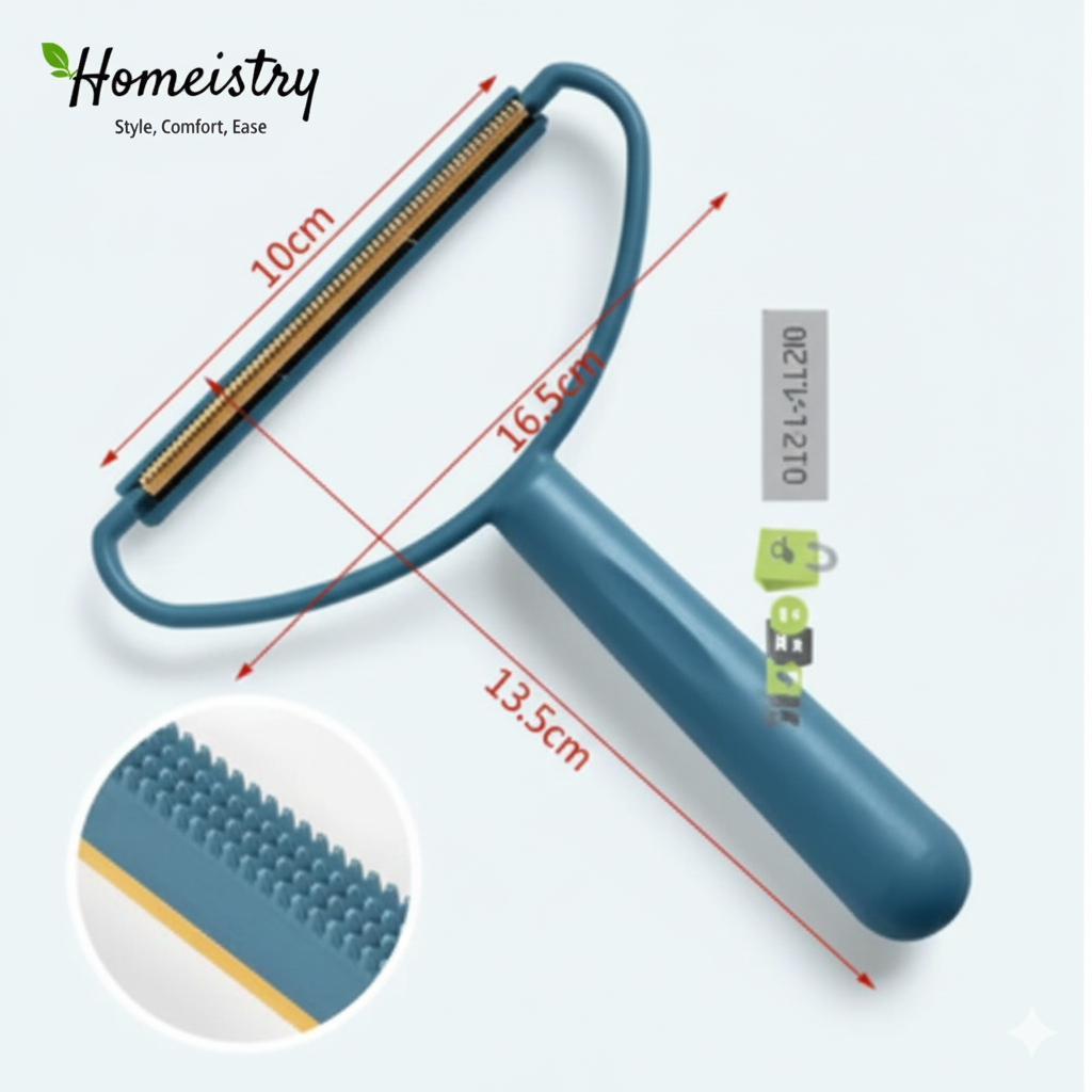 Diagram showing dimensions of Homeistry lint remover: 10cm head width, 16.5cm total length.