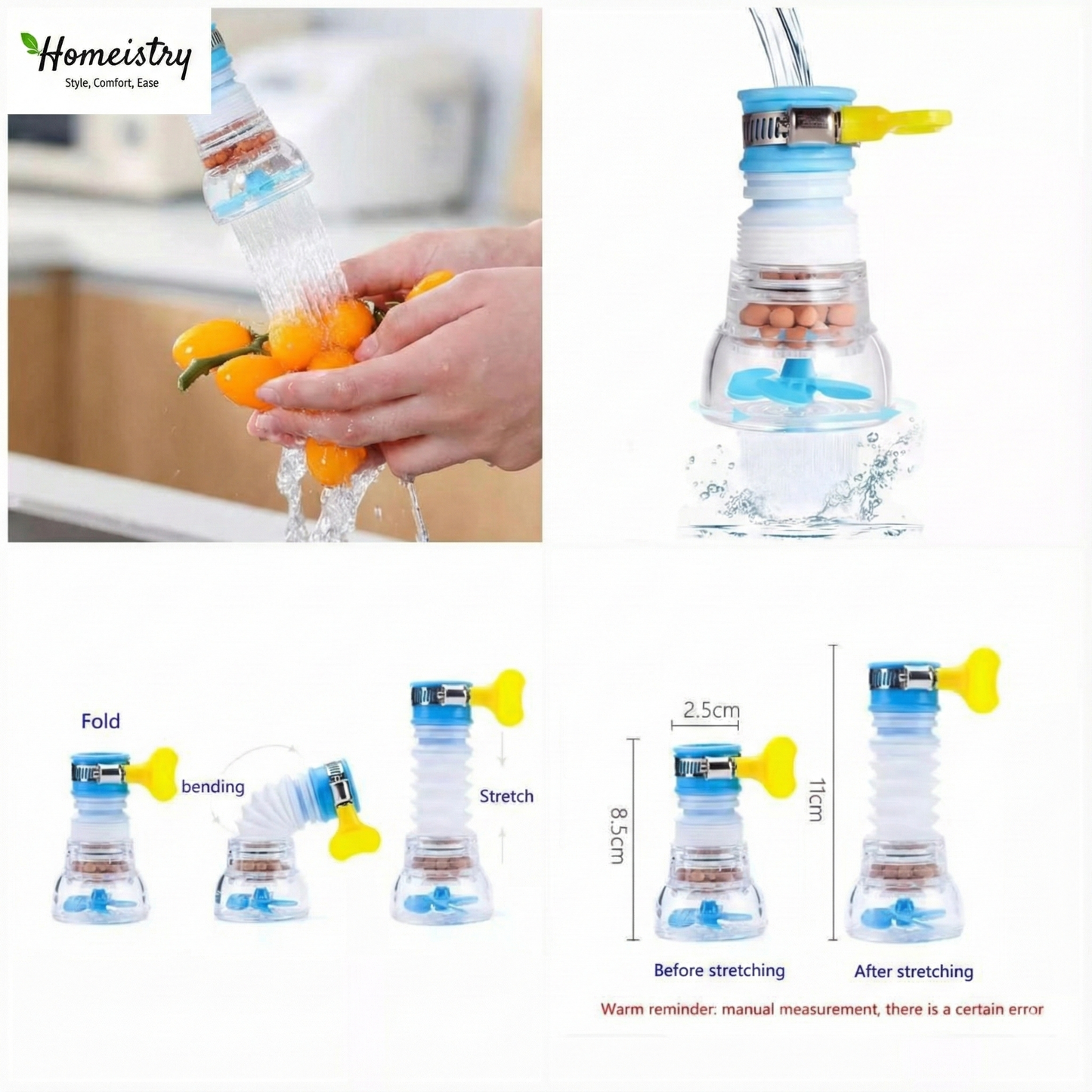 Collapsible water filter with a hand washing vegetables and measurements shown.