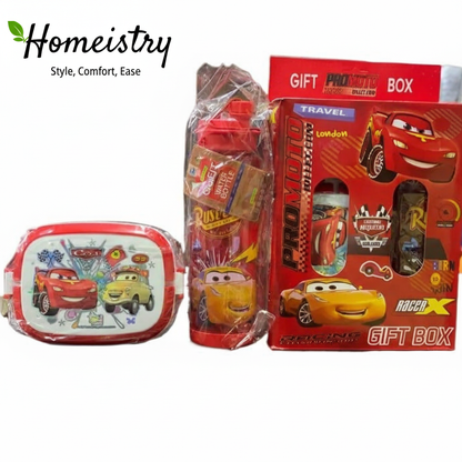 Gift set with travel items featuring cartoon car design on a white background