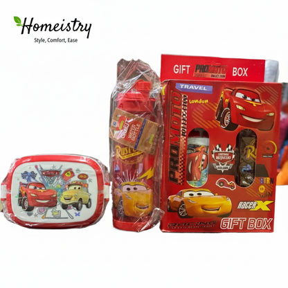 Gift set with 'Cars' theme including a lunch box, water bottle, and travel mug on a white background.