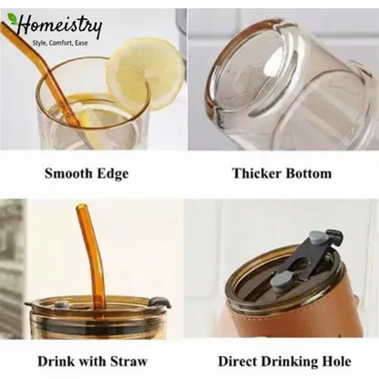 Glass tumbler with features highlighted, including smooth edge, thicker bottom, drink with straw, and direct drinking hole, branded 'Homeistry'.