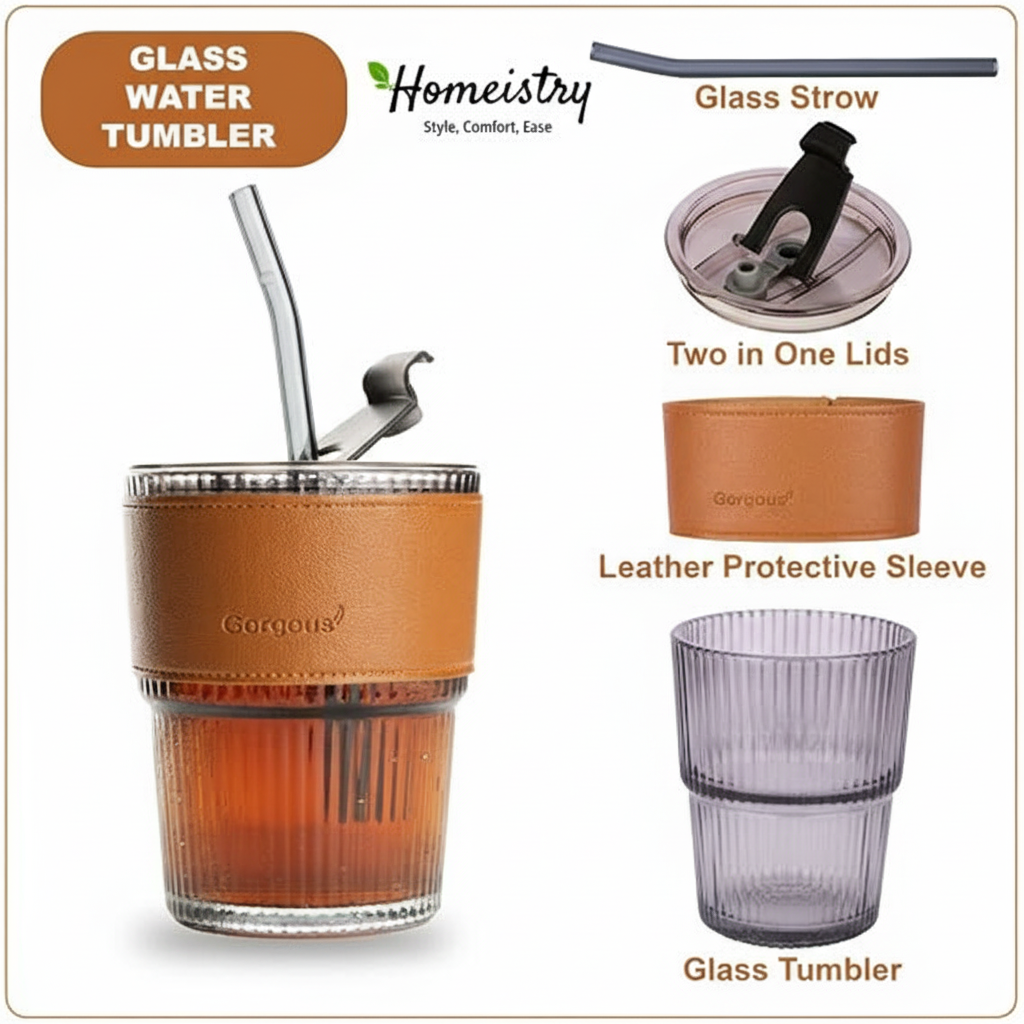 Glass water tumbler with leather sleeve, glass straw, two-in-one lids, and glass tumbler on a white background.