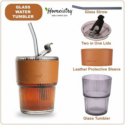 Glass water tumbler with leather sleeve, glass straw, two-in-one lids, and glass tumbler on a white background.