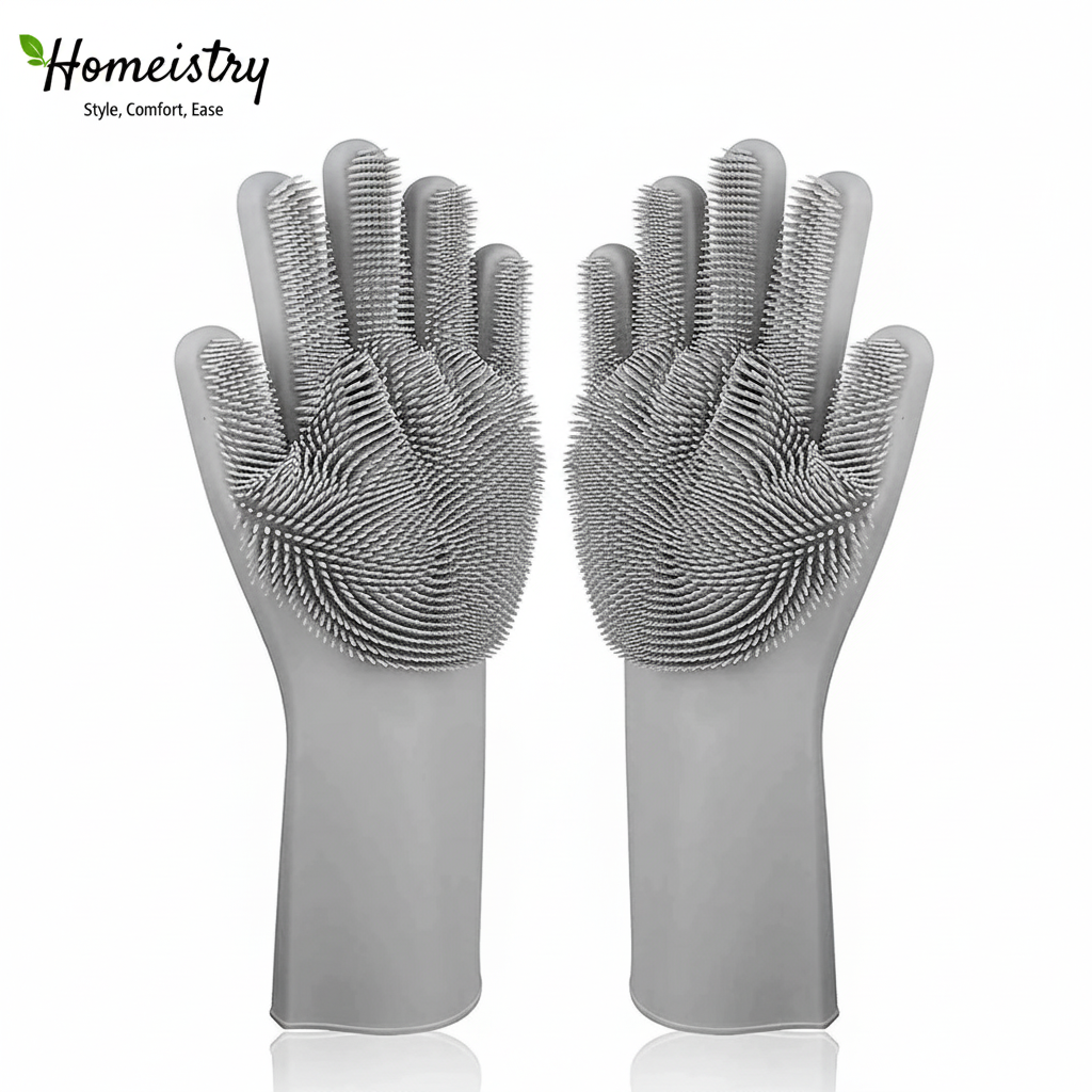 Gray scrubbing gloves with textured surface on a white background, featuring the Homeistry brand.