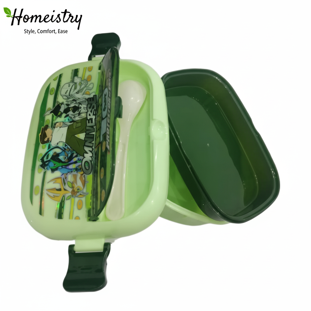 Green bento box with a spoon on a white background, featuring the Homeistry brand.