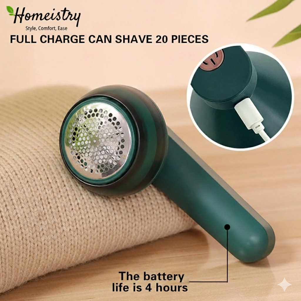 Green fabric shaver with charging cable on a beige background, featuring Homeistry branding.