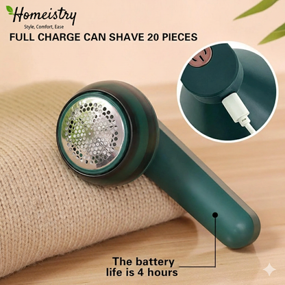 Green fabric shaver with charging cable on a beige background, featuring Homeistry branding.