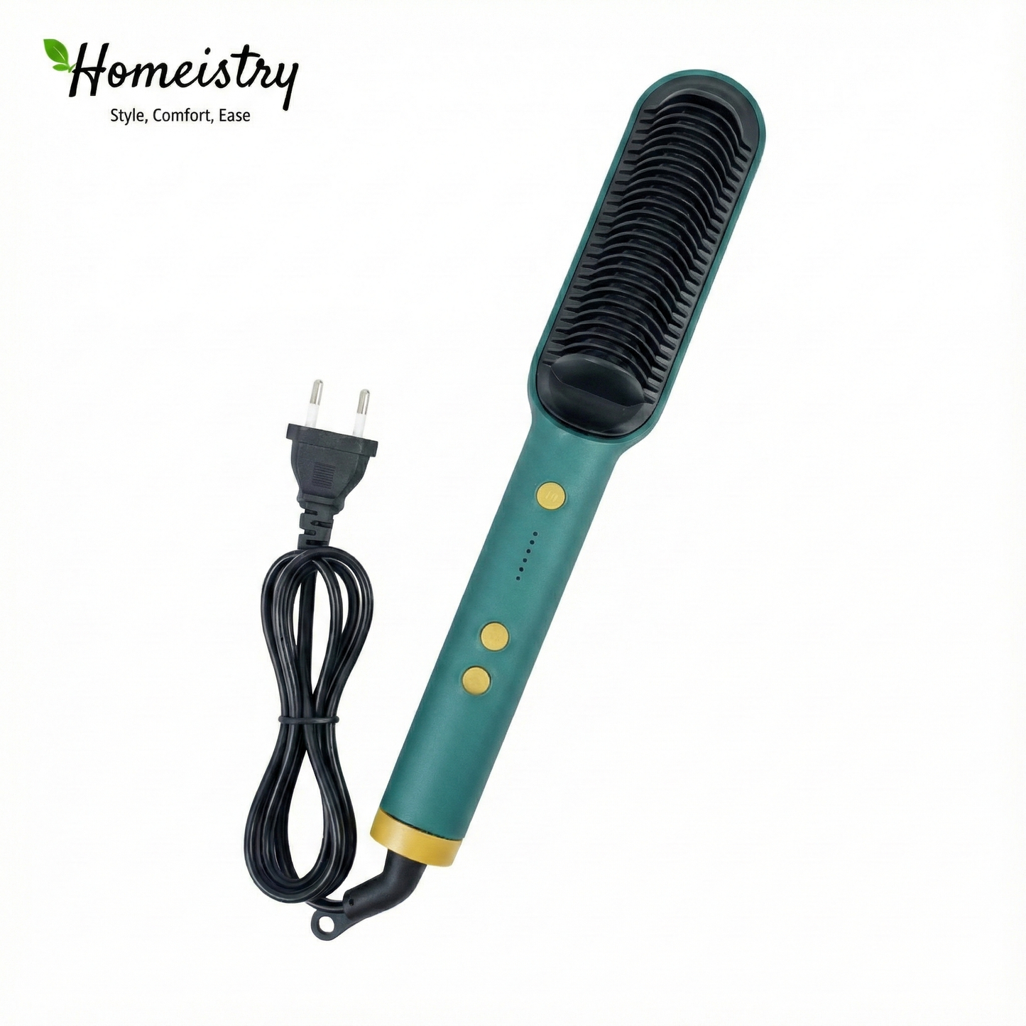 Green hair straightening brush with black plug on a white background, featuring Homeistry brand.