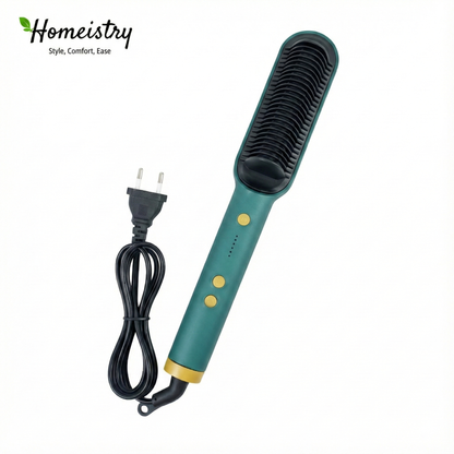 Green hair straightening brush with black plug on a white background, featuring Homeistry brand.
