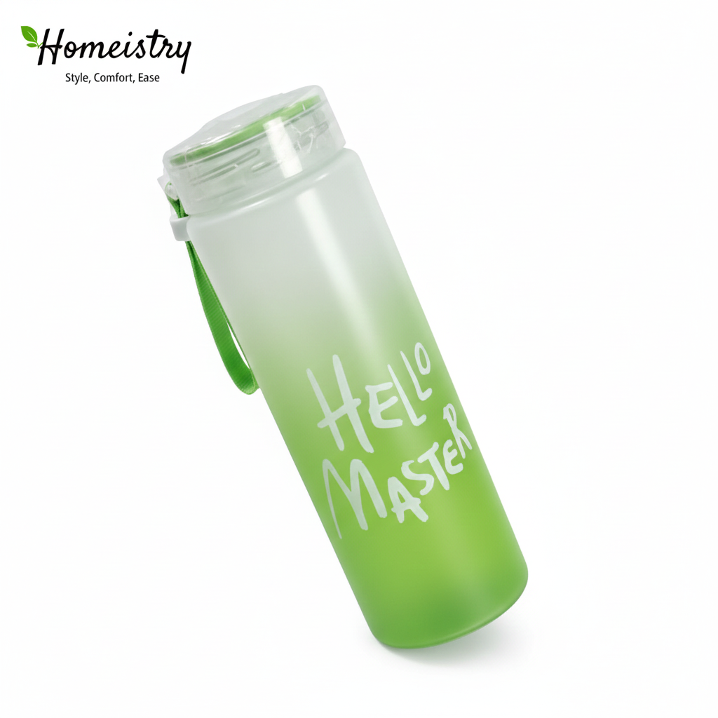 Green tumbler with 'Hello Master' text on a white background, featuring the Homeistry brand.