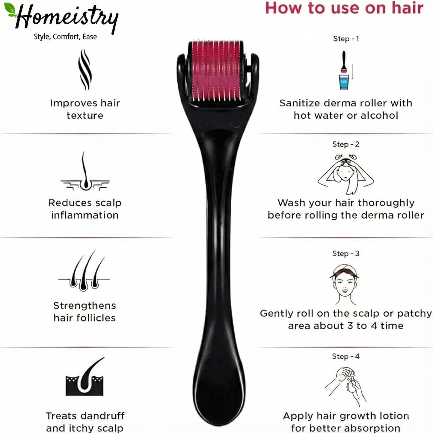 Hair growth roller with usage instructions and benefits on a white background