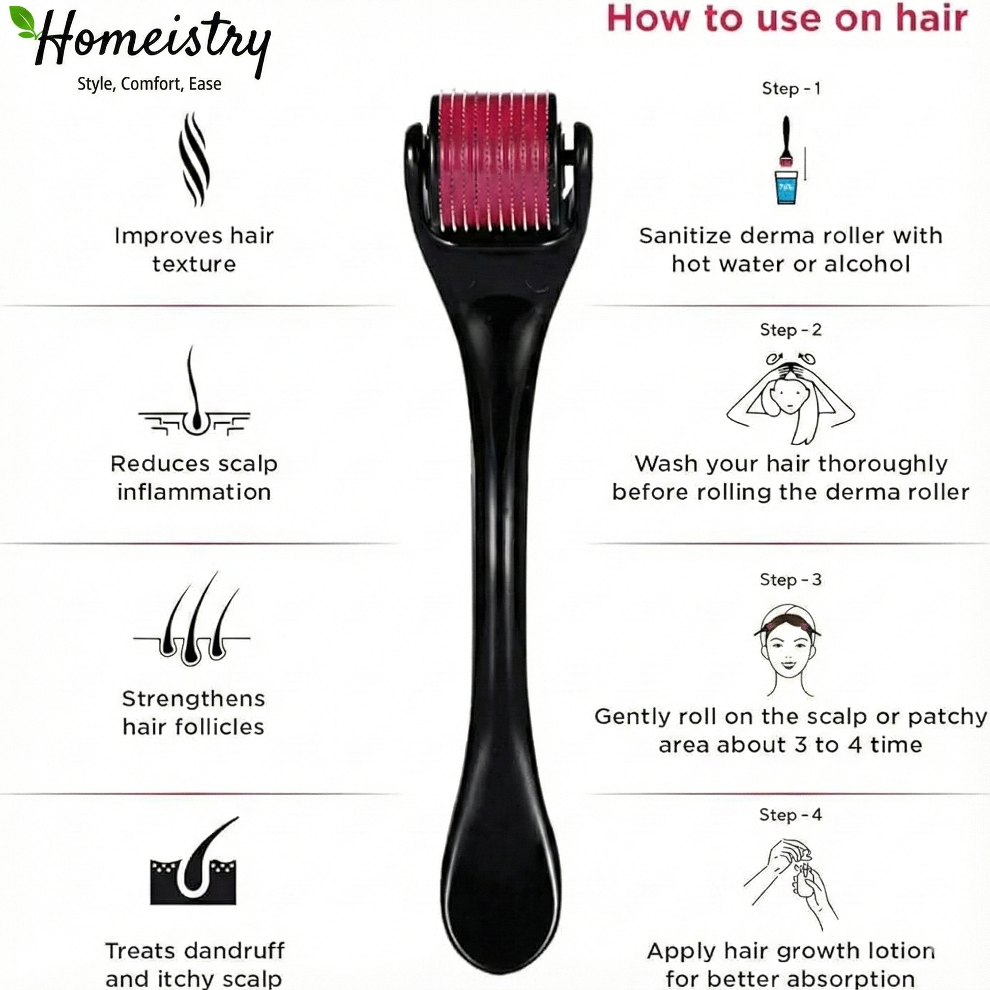 Hair growth roller with usage instructions and benefits on a white background