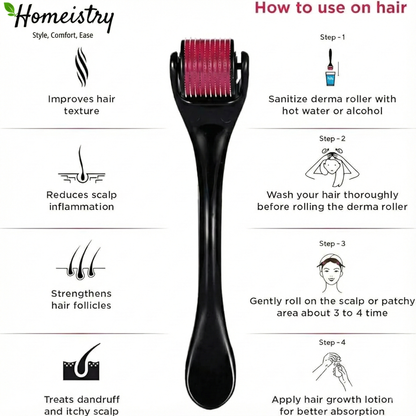 Hair growth roller with usage instructions and benefits on a white background