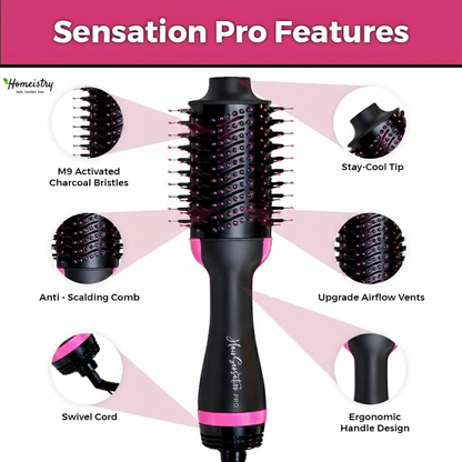 Hair styling tool with features highlighted on a pink background