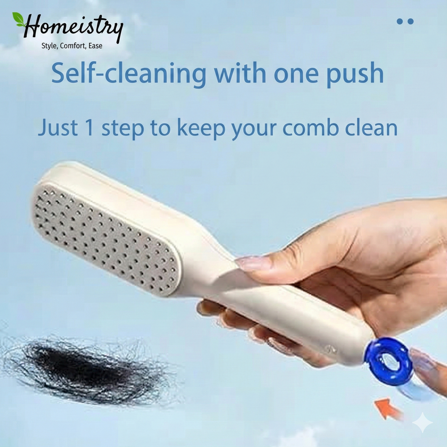 Hand holding Homeistry self-cleaning brush, pulling the ring to retract bristles and remove hair.