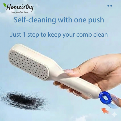 Hand holding Homeistry self-cleaning brush, pulling the ring to retract bristles and remove hair.