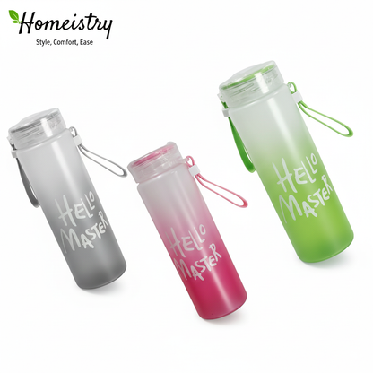 Three water bottles with 'Hello Master' text on a white background, featuring Homeistry branding.