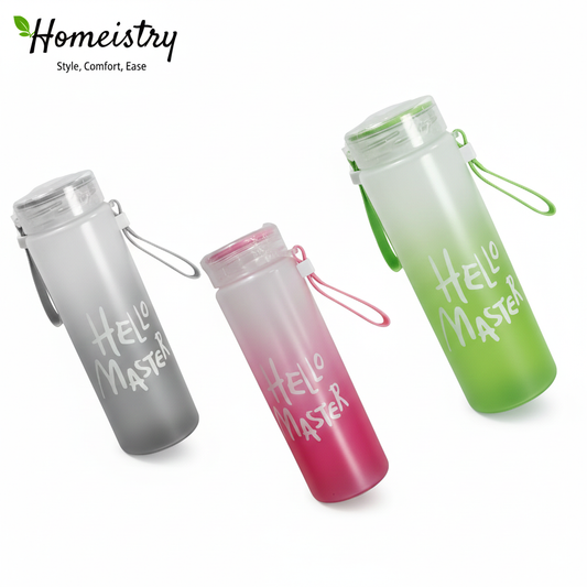 Three water bottles with 'Hello Master' text on a white background, featuring Homeistry branding.