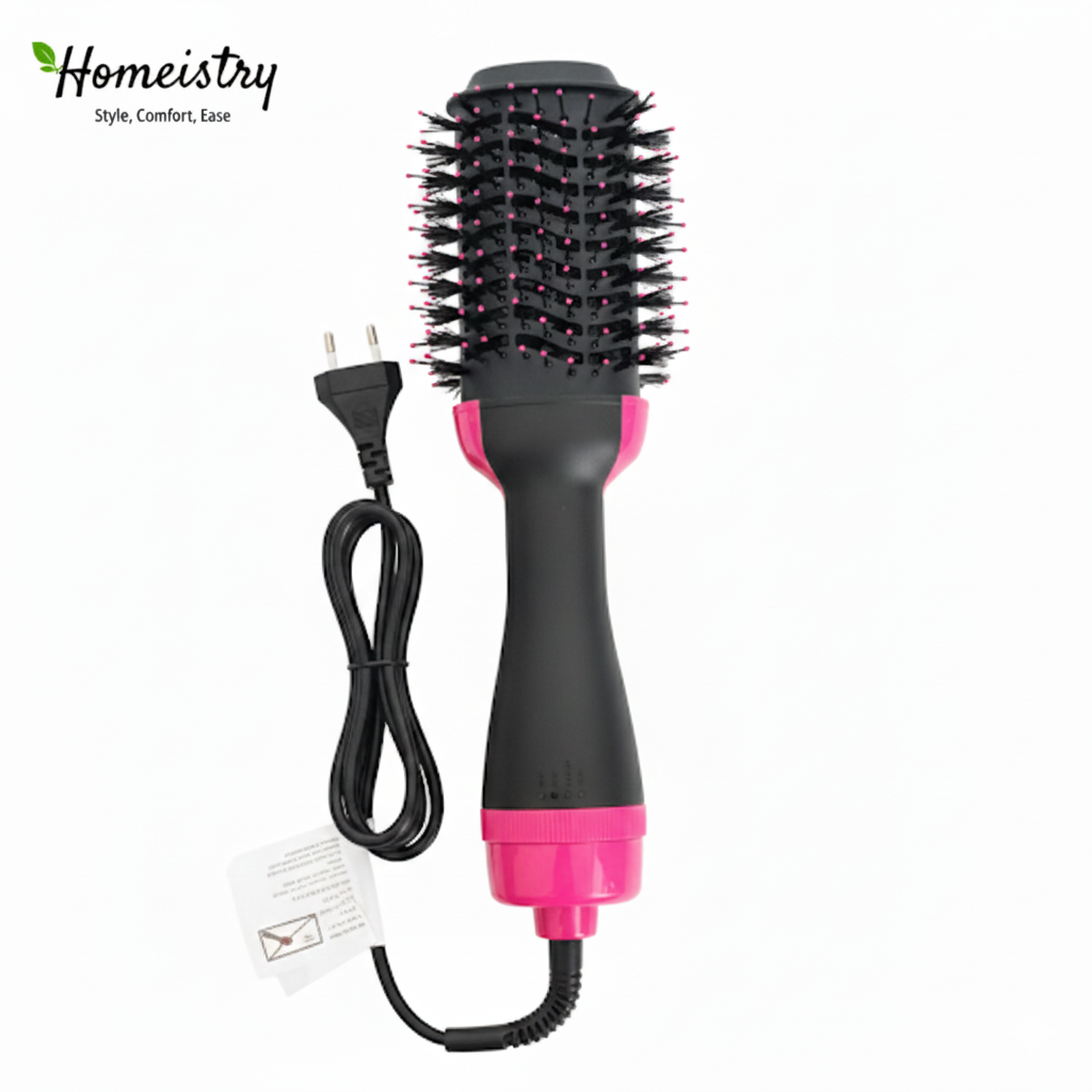 Hair styling tool with black bristle brush head and pink base on a white background, featuring Homeistry brand.