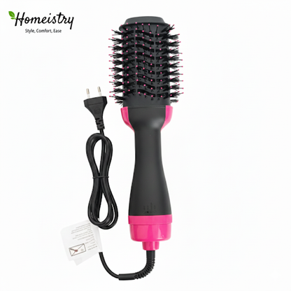 Hair styling tool with black bristle brush head and pink base on a white background, featuring Homeistry brand.