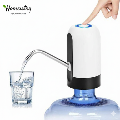 Homeistry automatic water pump dispensing water into a glass with blue LED light on.