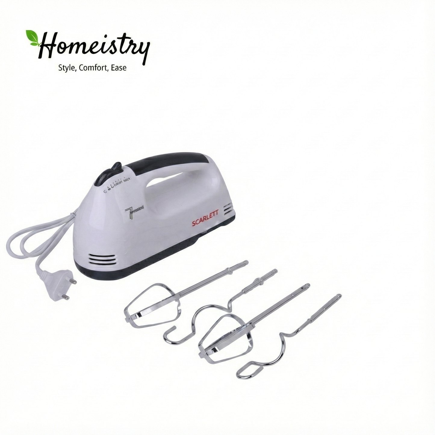 Hand mixer with attachments on a white background, featuring the Homeistry brand.