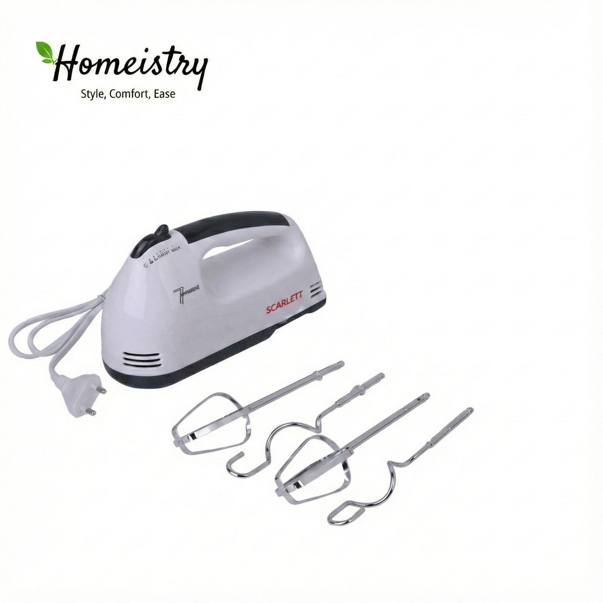 Hand mixer with attachments on a white background, featuring the Homeistry brand.